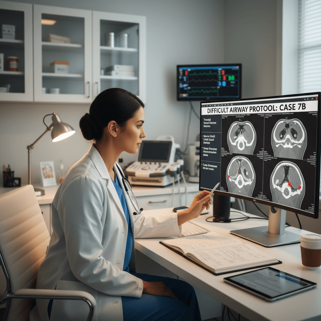 Medical professional reviewing difficult airway imaging for case assessment