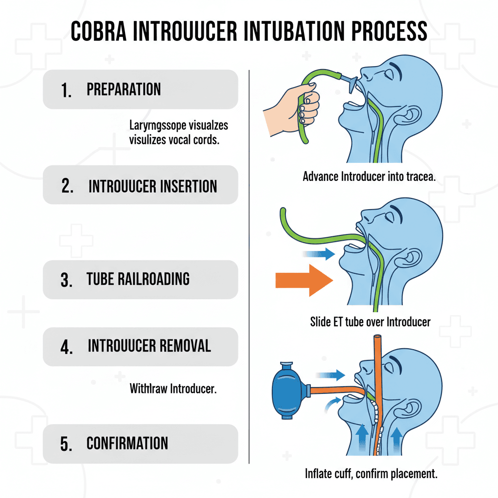 Step-by-step procedural diagram of Cobra Introducer intubation technique