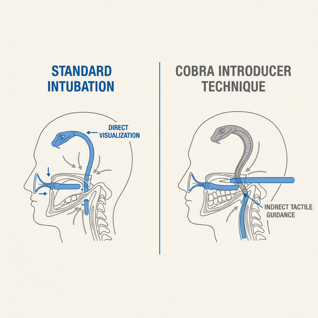 Comparison diagram of standard intubation versus Cobra Introducer technique